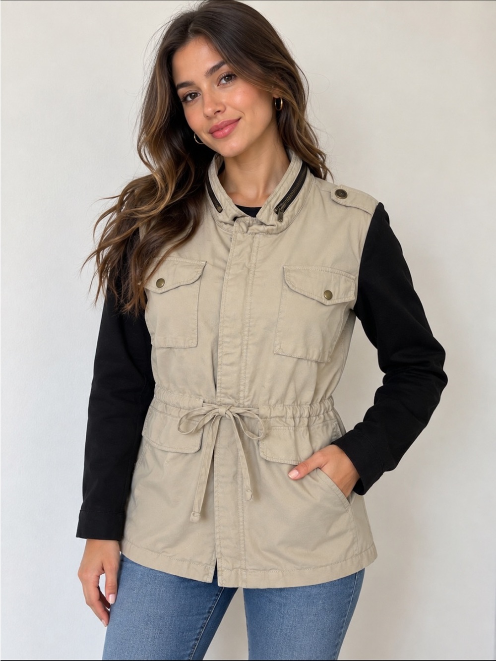 Daniel Rain Women’s Utility Jacket Beige Black Long Sleeve Cotton Size M